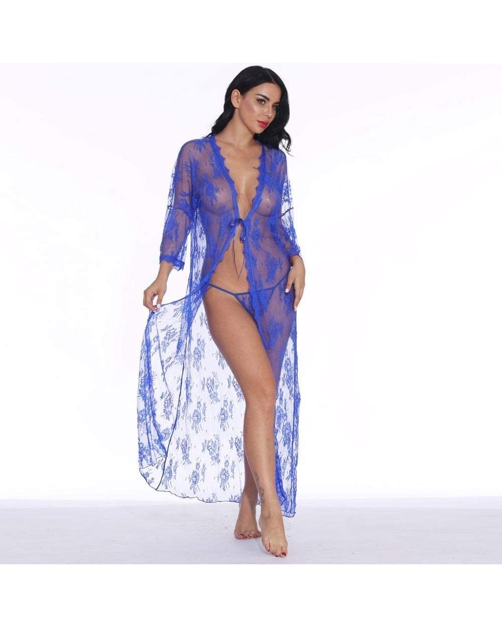 Women Lingerie Lace Babydoll Women Sexy Lingerie Babydoll Erotic Robe Nightwear Pajamas with Thong Transparent Long SLE - Blu...