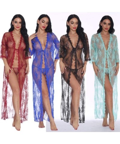 Women Lingerie Lace Babydoll Women Sexy Lingerie Babydoll Erotic Robe Nightwear Pajamas with Thong Transparent Long SLE - Blu...