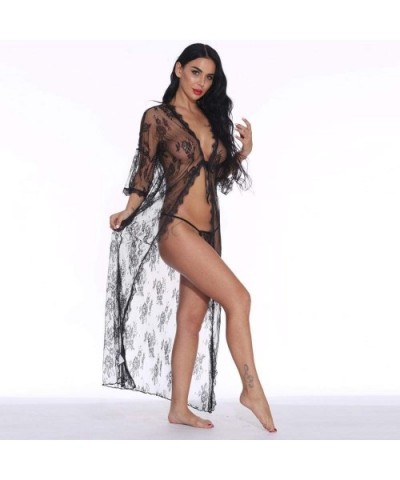 Women Lingerie Lace Babydoll Women Sexy Lingerie Babydoll Erotic Robe Nightwear Pajamas with Thong Transparent Long SLE - Blu...