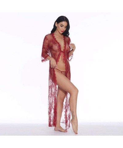 Women Lingerie Lace Babydoll Women Sexy Lingerie Babydoll Erotic Robe Nightwear Pajamas with Thong Transparent Long SLE - Blu...