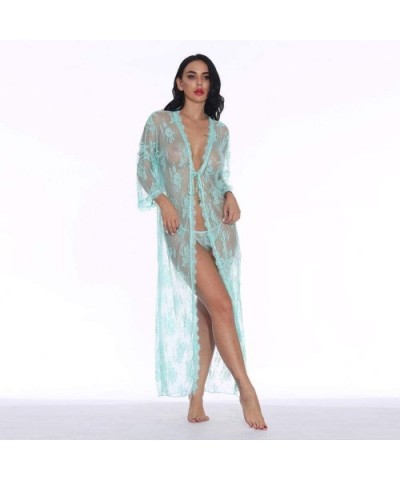 Women Lingerie Lace Babydoll Women Sexy Lingerie Babydoll Erotic Robe Nightwear Pajamas with Thong Transparent Long SLE - Blu...