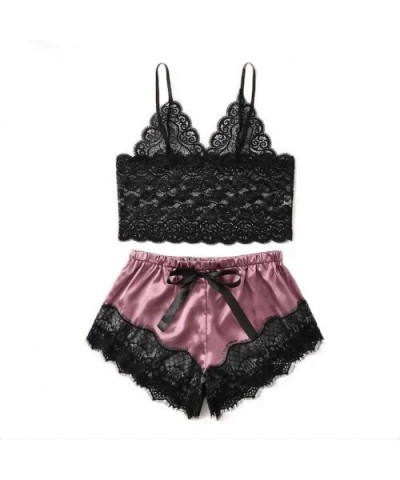 Women Sexy 2Pcs Pajamas Set Lace Trim V Neck Lingerie Strap Cami Shorts Nightwear Underwear Set - B-black - CF194XHOU4U $21.2...
