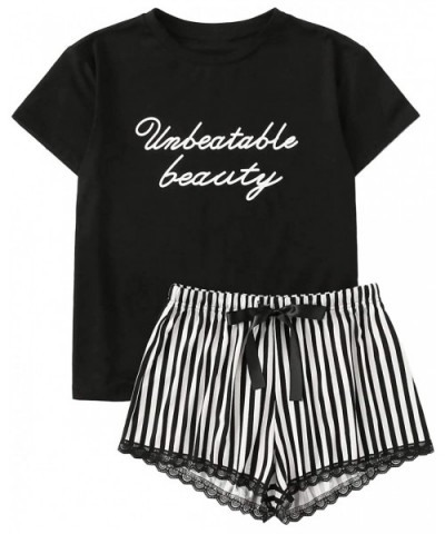 Women's 2 Piece Outfit Short Sleeve Round Neck Tee with Shorts Pajama Set - Black-2 - CG1985EHOK5 $20.18 Sets