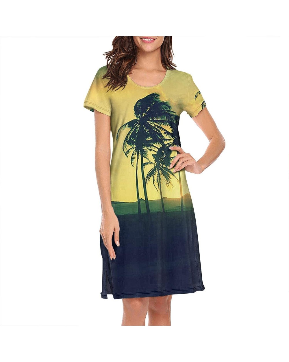 Women's Nightgown Short Sleeves Palm Trees at Sunset Sleepwear Night Dress - White-33 - CY18Z3STW6Y $41.54 Nightgowns & Sleep...