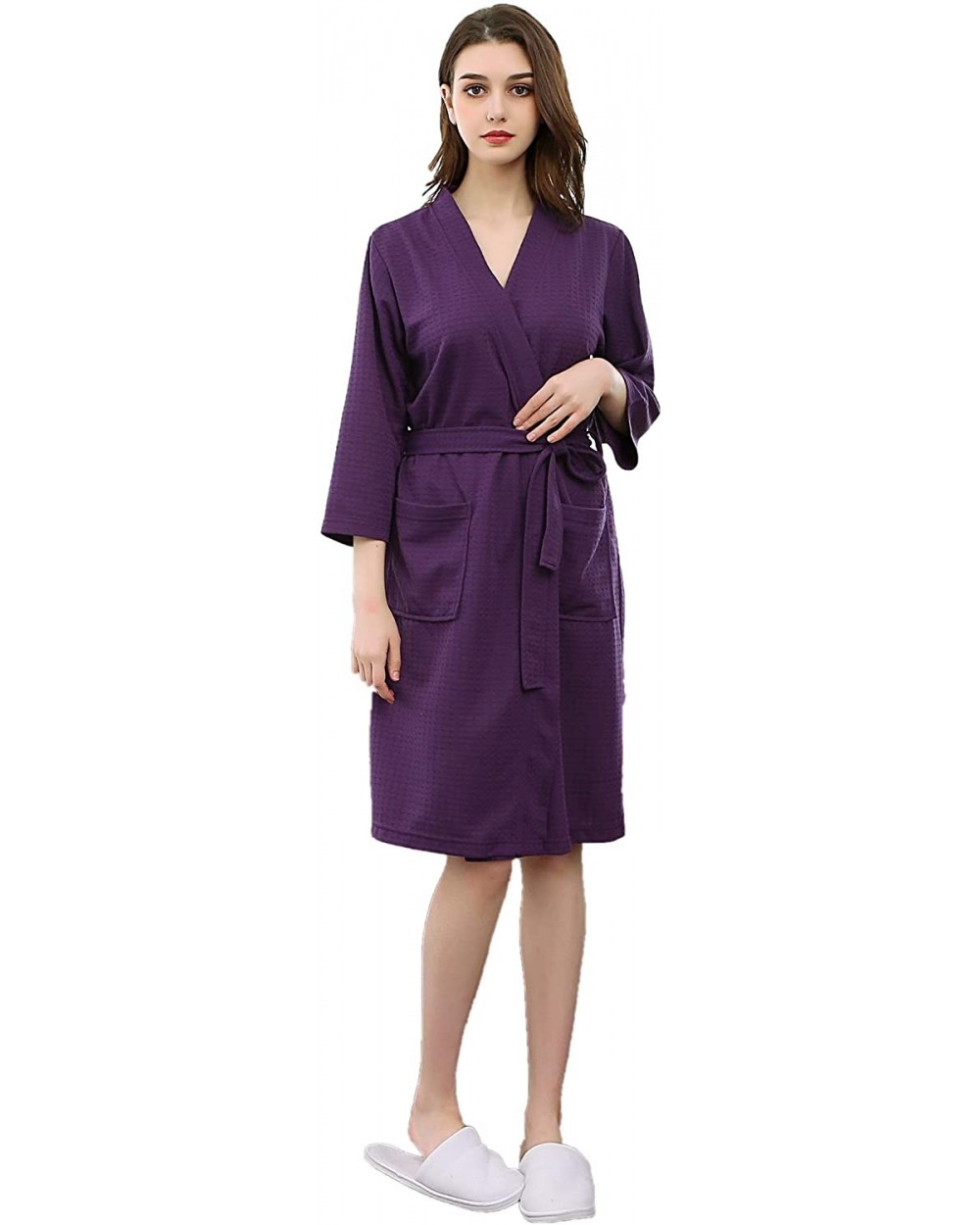 Soft Waffle Men Women Bathrobe Autumn Long Robe Sleepwear Pajamas Kimono - Dark Purple - CF18IETCNTX $35.57 Robes