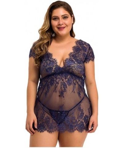 Plus Size Sleepwear for Women Lace Satin Chemises Lingerie Deep V Neck Strappy Nightgown Sleep Dress Nightdress Blue - C819C2...