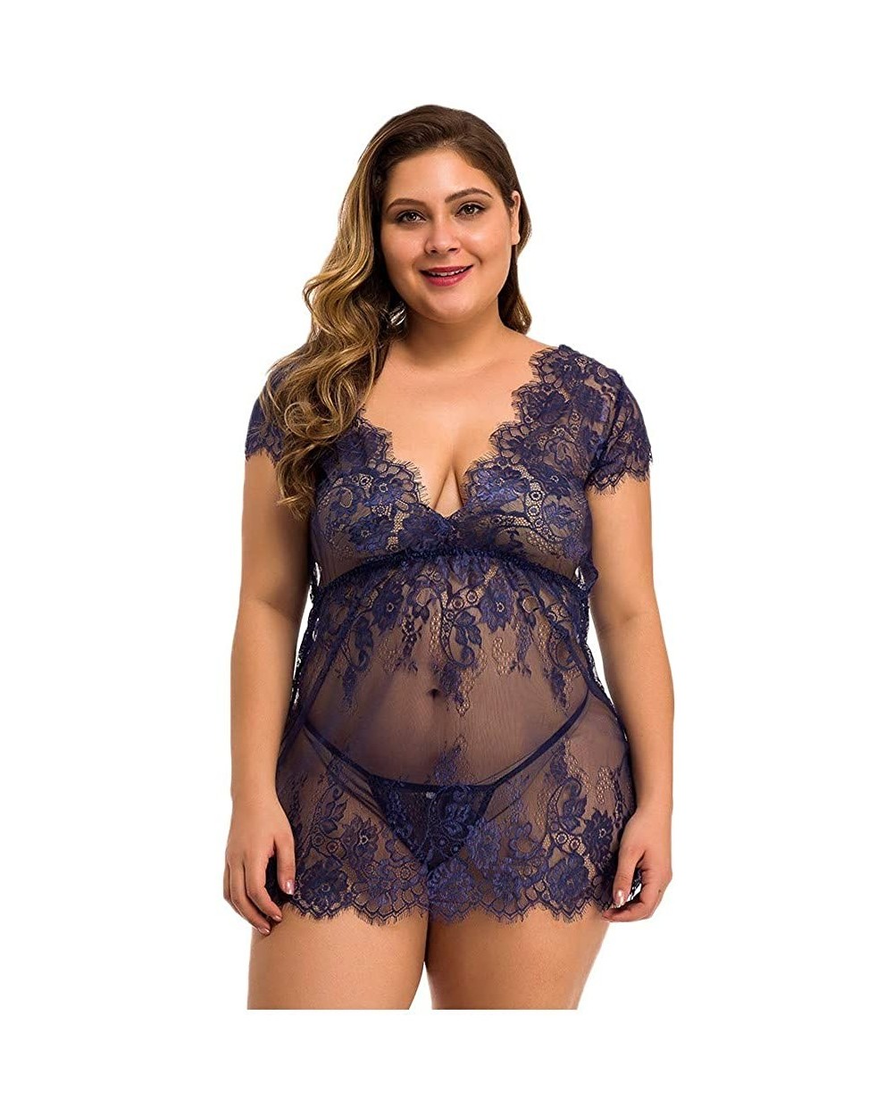 Plus Size Sleepwear for Women Lace Satin Chemises Lingerie Deep V Neck Strappy Nightgown Sleep Dress Nightdress Blue - C819C2...