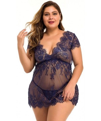 Plus Size Sleepwear for Women Lace Satin Chemises Lingerie Deep V Neck Strappy Nightgown Sleep Dress Nightdress Blue - C819C2...