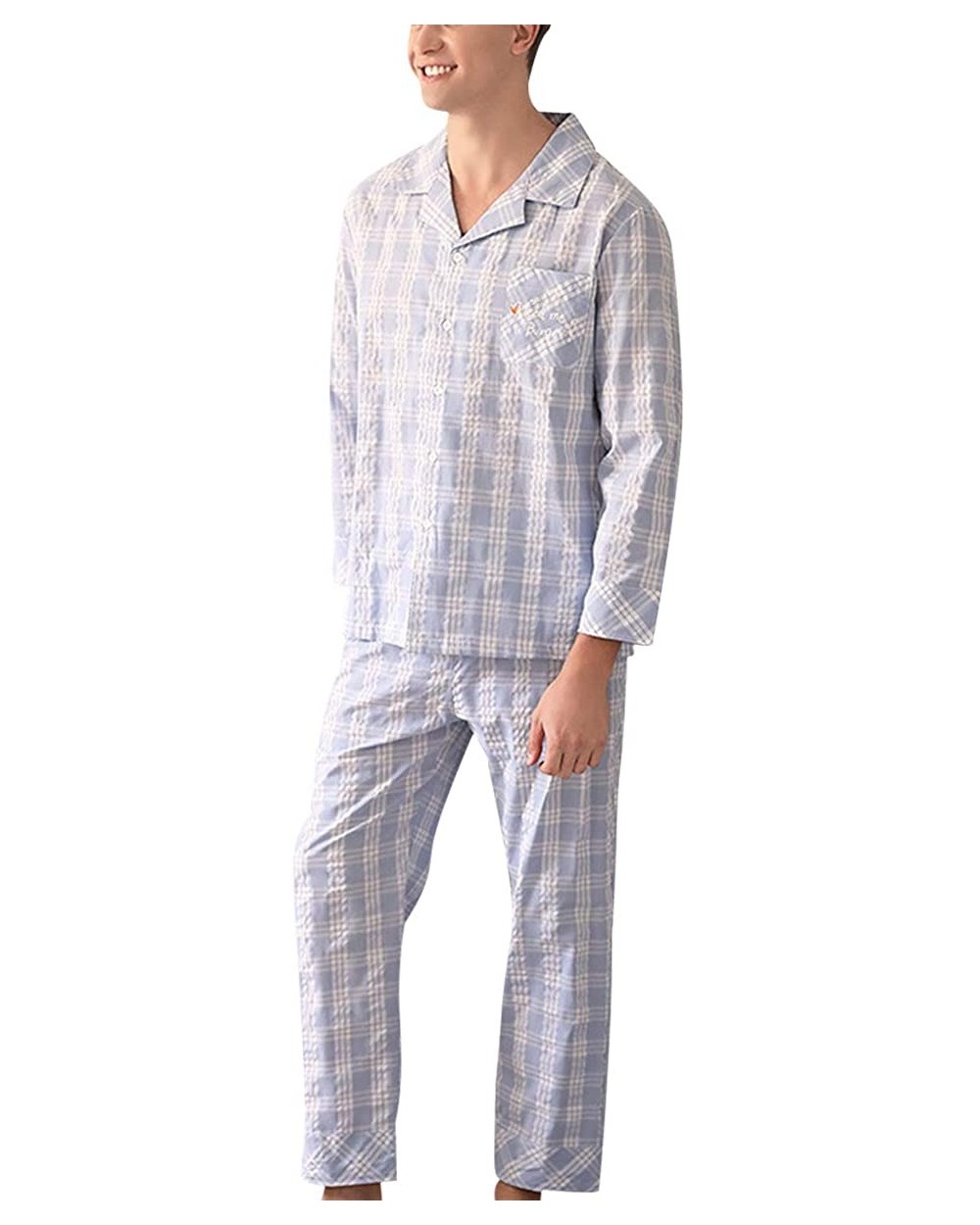 Men's Pajamas Set with Pants Chest Pockts Sleepwear Lounge - Blue - CX198KRSRO4 $67.21 Sleep Sets