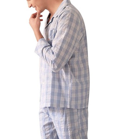 Men's Pajamas Set with Pants Chest Pockts Sleepwear Lounge - Blue - CX198KRSRO4 $67.21 Sleep Sets