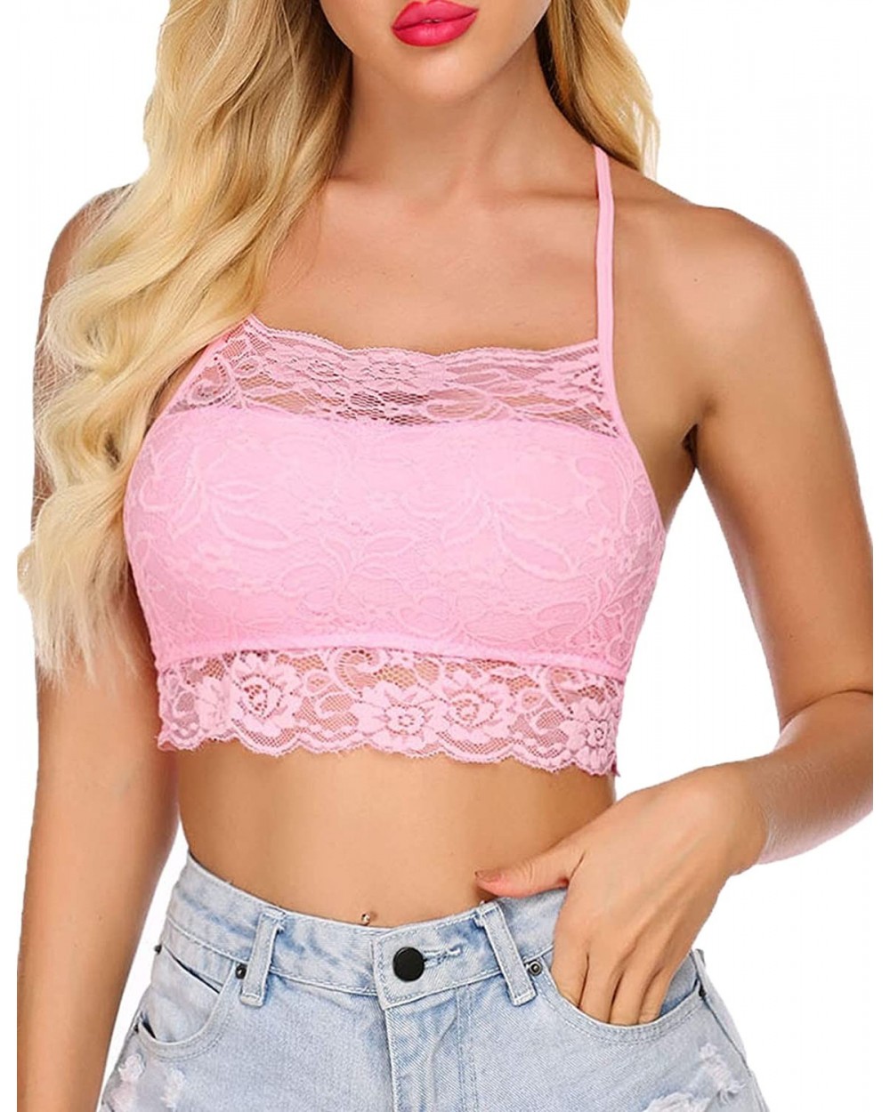 Sexy Bralettes for Women High Neck Lace Camisoles Racerback Double-Layered Crop Top - Pastel Pink - CP197QE6U8W $21.34 Camiso...