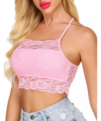 Sexy Bralettes for Women High Neck Lace Camisoles Racerback Double-Layered Crop Top - Pastel Pink - CP197QE6U8W $21.34 Camiso...