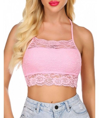 Sexy Bralettes for Women High Neck Lace Camisoles Racerback Double-Layered Crop Top - Pastel Pink - CP197QE6U8W $21.34 Camiso...