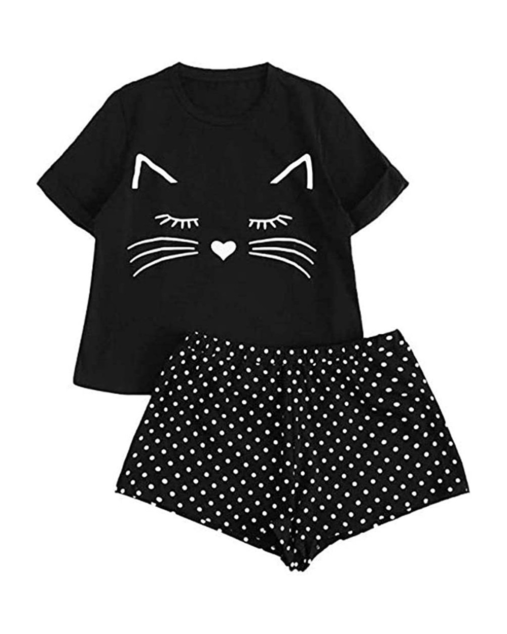 Women's 2 Piece Outfits- Women's Cat Print Ruffles Short Pajama Set Sleepwear Pajama Sleep Set - Black - CW18WUR4979 $23.38 Sets