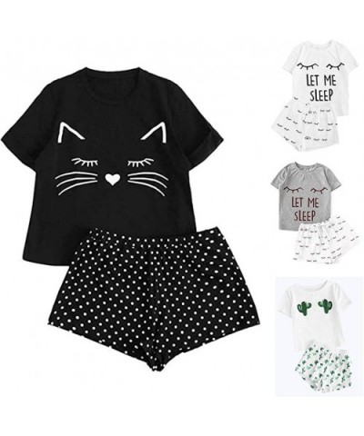 Women's 2 Piece Outfits- Women's Cat Print Ruffles Short Pajama Set Sleepwear Pajama Sleep Set - Black - CW18WUR4979 $23.38 Sets