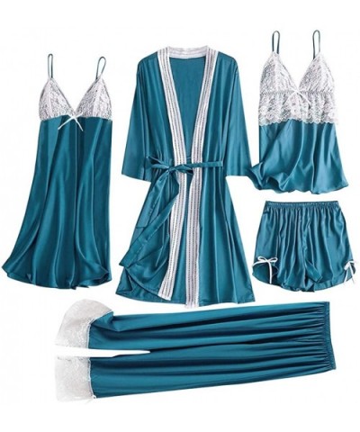 5Pcs Women Satin Lace Simulation Silk Pajamas Set Camisole Trousers Shorts Nightdress Robe Pajamas Lingerie Light Blue - CW19...