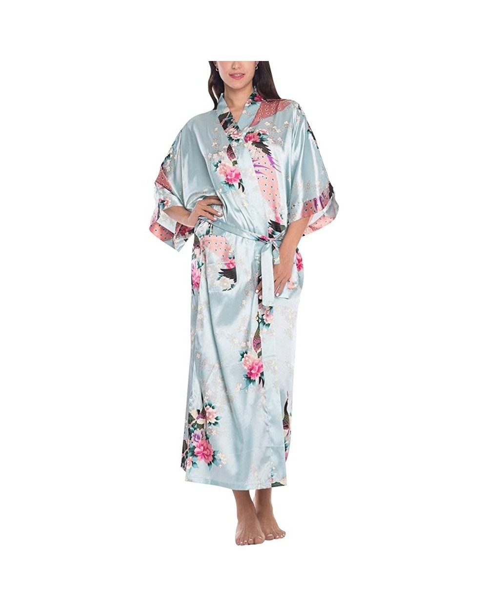 Women's Bride Bridesmaid Wedding Party Gifts Pockets Satin Kimono Robe - Light Blue - CZ18DQS4WHY $16.10 Robes