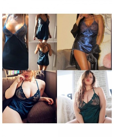 Women Lingerie V Neck Nightwear Satin Sleepwear Lace Chemise Mini Teddy - Navy Blue - C717YH0EORY $24.87 Baby Dolls & Chemises