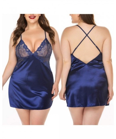 Women Lingerie V Neck Nightwear Satin Sleepwear Lace Chemise Mini Teddy - Navy Blue - C717YH0EORY $24.87 Baby Dolls & Chemises