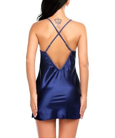 Women Lingerie V Neck Nightwear Satin Sleepwear Lace Chemise Mini Teddy - Navy Blue - C717YH0EORY $24.87 Baby Dolls & Chemises