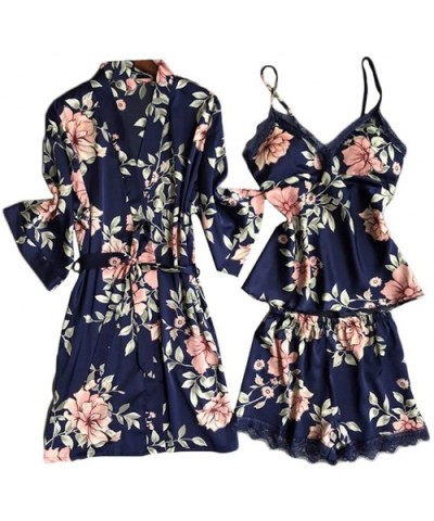 Women's 3pcs Pajama Set Shirt Floral Satin Nightwear Lingerie Gown Sleep Cami PJS Set with Shorts and Robe - Blue - C4194OG50...