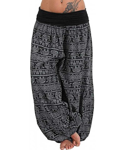 Womens Pajama Pants Elephant Pattern Printed Casual Trousers Wide Leg Strechy Pants Thai Tropical Style Elastic Black - CW18W...