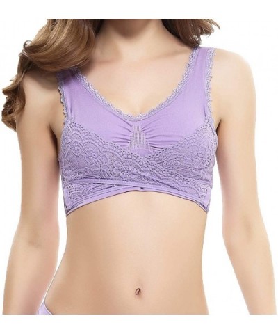 Women Push Up Bra Embroidered Lace Bras Underwire Padded Wirefree Deep V Bra - Purple a - CI195R00II9 $63.05 Bras