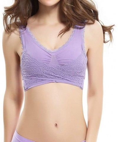 Women Push Up Bra Embroidered Lace Bras Underwire Padded Wirefree Deep V Bra - Purple a - CI195R00II9 $63.05 Bras