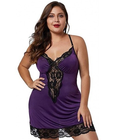 Women's Deep V-Neck Chemise Lingerie Sexy Nightie Full Slips Lace Babydoll Sleepwear Dress - Purple - CJ18WHZQYXZ $18.06 Baby...