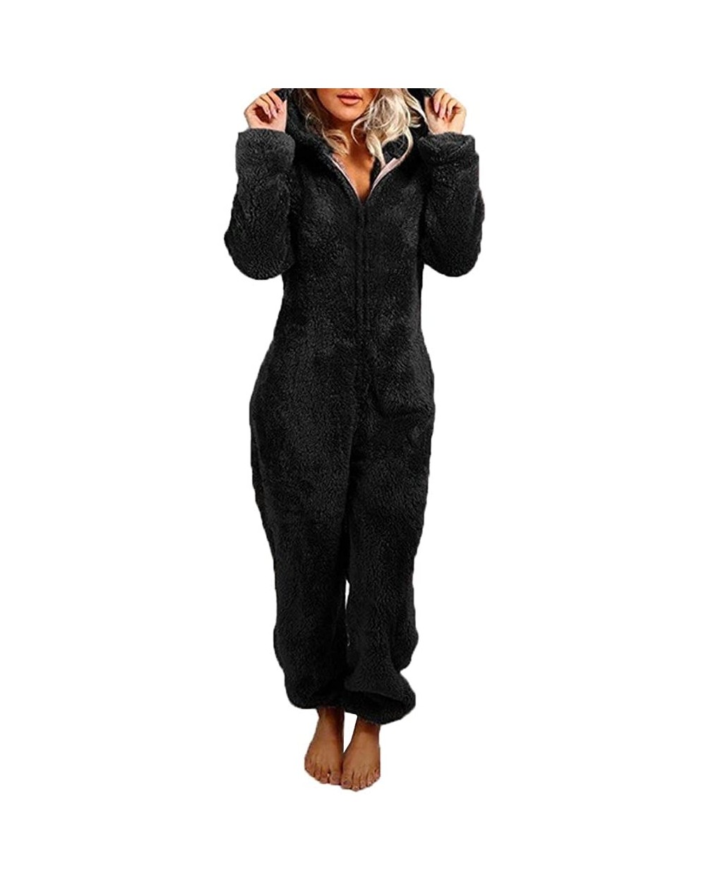 Women's Plush Warm Hood Onesie Pajama Christmas Flannel Hooded One Piece Pajamas Jumpsuit - Solid-black - CB19G49HADT $54.67 ...