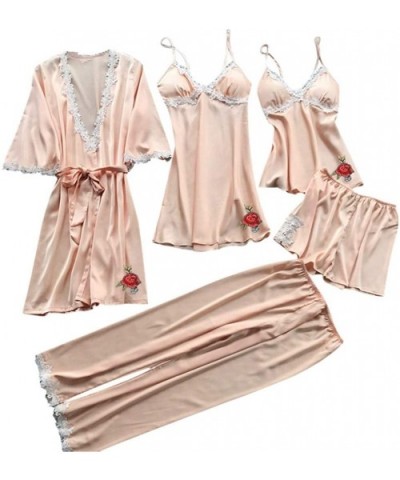 Women's 5PCS Silk Satin Pajama Set Cami Top Nightgown Lace Sleepwear Robe Sets Sexy Nightdress with Chest Pads Lingerie - Z-b...