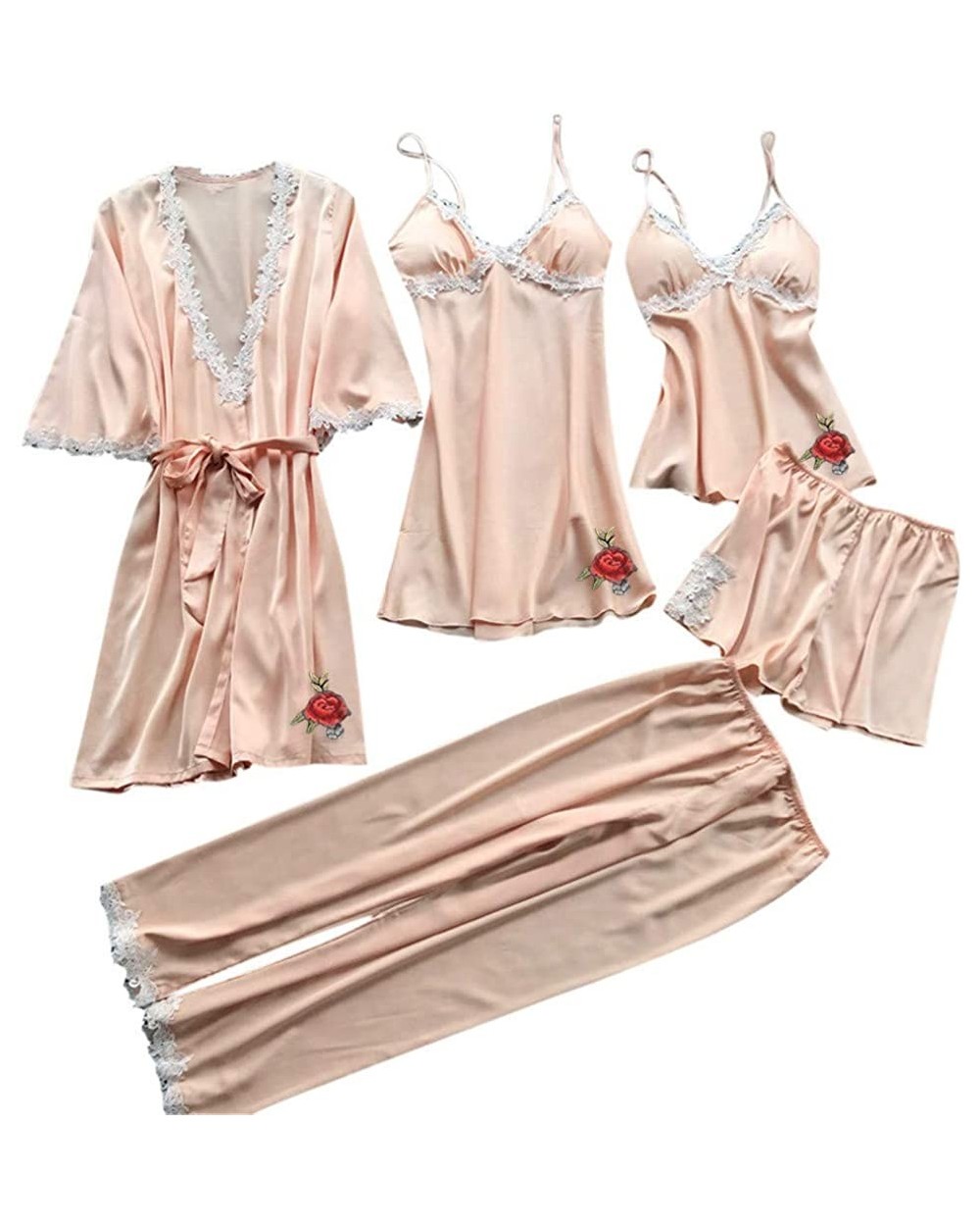 Women's 5PCS Silk Satin Pajama Set Cami Top Nightgown Lace Sleepwear Robe Sets Sexy Nightdress with Chest Pads Lingerie - Z-b...