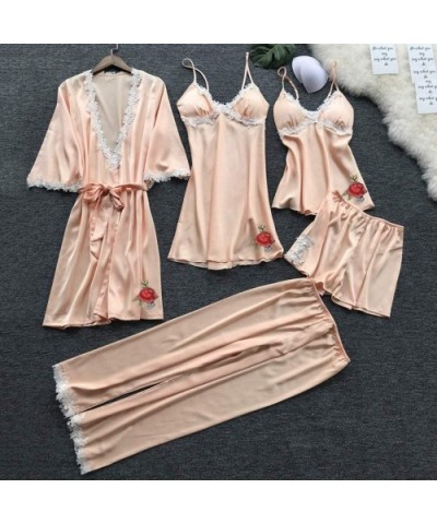 Women's 5PCS Silk Satin Pajama Set Cami Top Nightgown Lace Sleepwear Robe Sets Sexy Nightdress with Chest Pads Lingerie - Z-b...