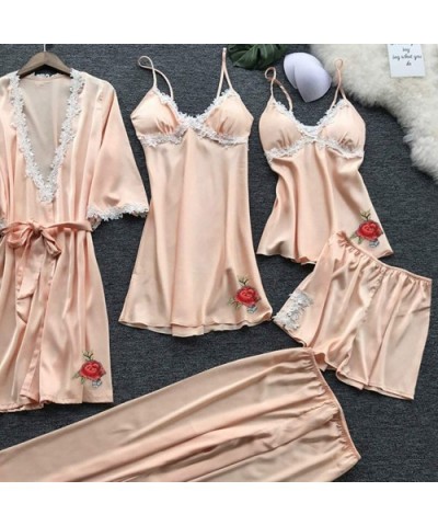 Women's 5PCS Silk Satin Pajama Set Cami Top Nightgown Lace Sleepwear Robe Sets Sexy Nightdress with Chest Pads Lingerie - Z-b...