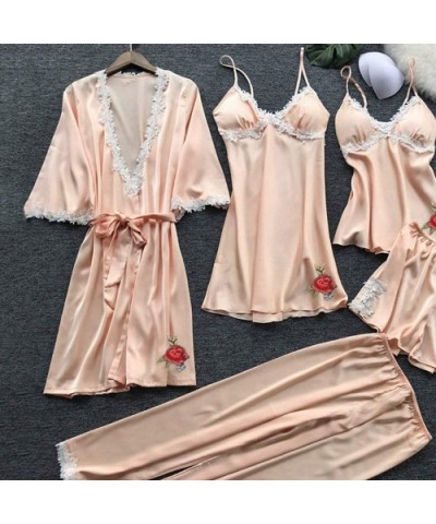 Women's 5PCS Silk Satin Pajama Set Cami Top Nightgown Lace Sleepwear Robe Sets Sexy Nightdress with Chest Pads Lingerie - Z-b...