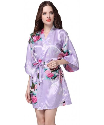 Women's Satin Kimono Short Robe - Classic Peacock Nightgown Bathrobe - Light Purple - C018UE5O5W3 $22.64 Robes