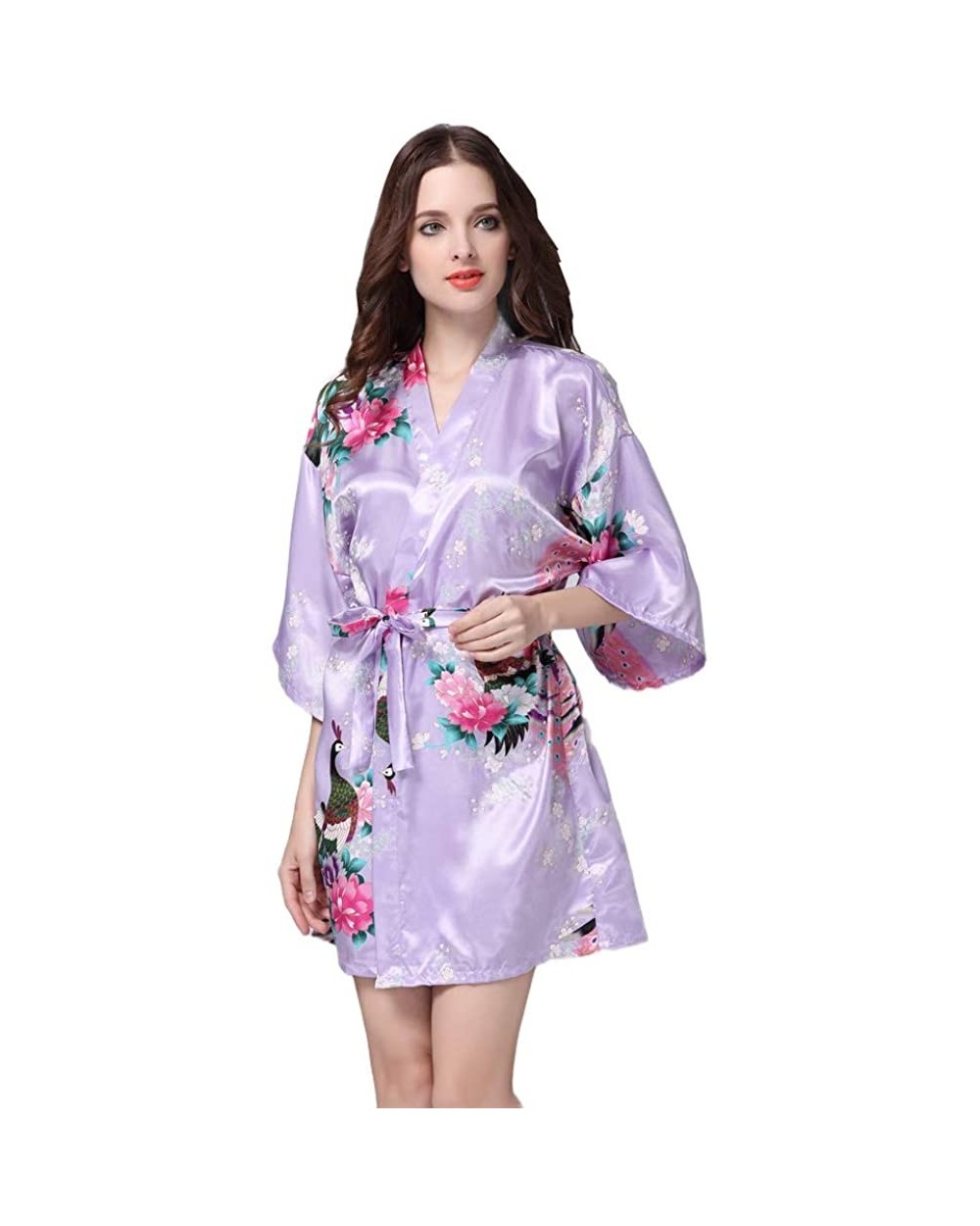 Women's Satin Kimono Short Robe - Classic Peacock Nightgown Bathrobe - Light Purple - C018UE5O5W3 $22.64 Robes