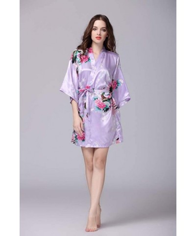 Women's Satin Kimono Short Robe - Classic Peacock Nightgown Bathrobe - Light Purple - C018UE5O5W3 $22.64 Robes