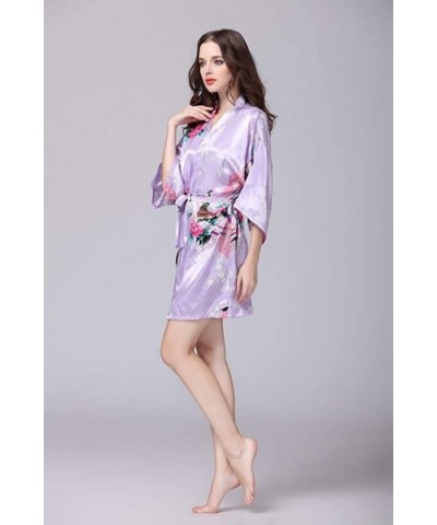 Women's Satin Kimono Short Robe - Classic Peacock Nightgown Bathrobe - Light Purple - C018UE5O5W3 $22.64 Robes