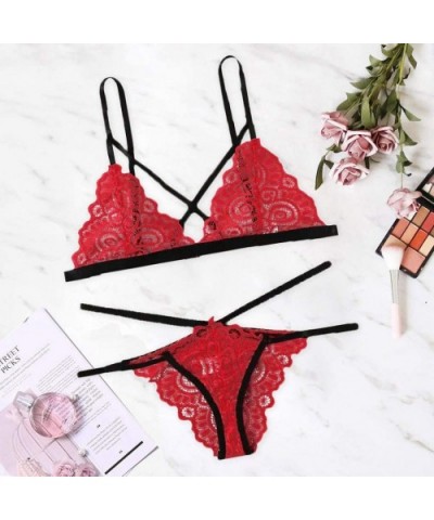 Women Lingerie Teddy Deep V Halter Bralette Bra Cut Out Brief Babydoll Mini Lace Bodysuit - Red - CQ193WG8UEI $15.37 Bustiers...