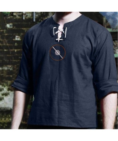 Men's Loose Retro Solid Color Long Sleeve Embroidered Imitation Cotton Shirt - B-blue - CM18A45TO9Q $39.97 Thermal Underwear