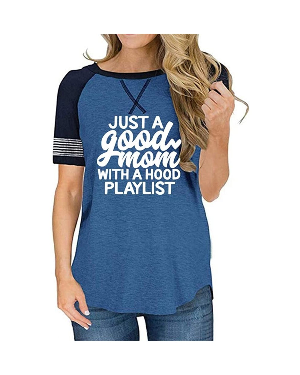 Womens Tops Short Sleeve Plus Size Loose Striped Letter Print Fashion Round Neck T-Shirt Shirts Casual Tunic Blouses - Blue -...