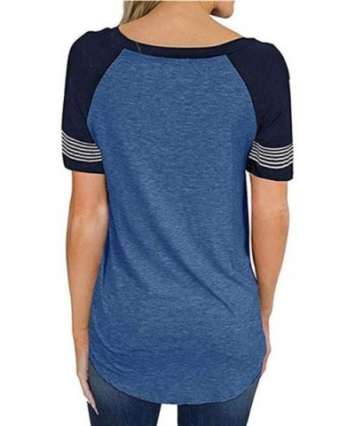 Womens Tops Short Sleeve Plus Size Loose Striped Letter Print Fashion Round Neck T-Shirt Shirts Casual Tunic Blouses - Blue -...