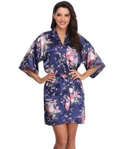 Women's Floral Short Satin Bridesmaid Robes Silky Bride Robes Getting Ready - Navy Floral - CX18X7DL6K5 $16.86 Robes