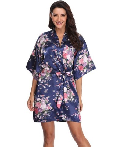 Women's Floral Short Satin Bridesmaid Robes Silky Bride Robes Getting Ready - Navy Floral - CX18X7DL6K5 $16.86 Robes