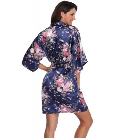 Women's Floral Short Satin Bridesmaid Robes Silky Bride Robes Getting Ready - Navy Floral - CX18X7DL6K5 $16.86 Robes