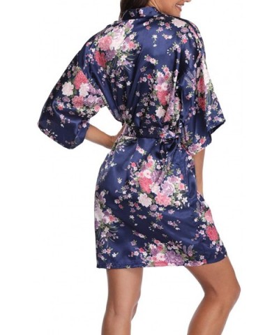 Women's Floral Short Satin Bridesmaid Robes Silky Bride Robes Getting Ready - Navy Floral - CX18X7DL6K5 $16.86 Robes