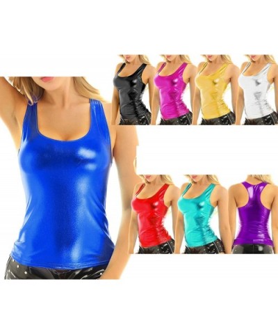 Women Fashion Clubwear Punk Dance Tanks Tops Shiny Metallic U Neck Back Slim Fit Summer Camisole Tank Vest - Royal Blue - CA1...