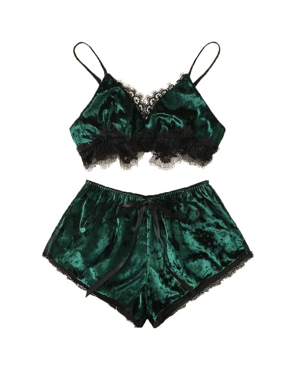 Women's Sexy Nightwear Lace Satin Trim Nightgown Floral Bow Lingerie Set Pajamas Babydoll Sleepwear Underwear - Green - CC18O...