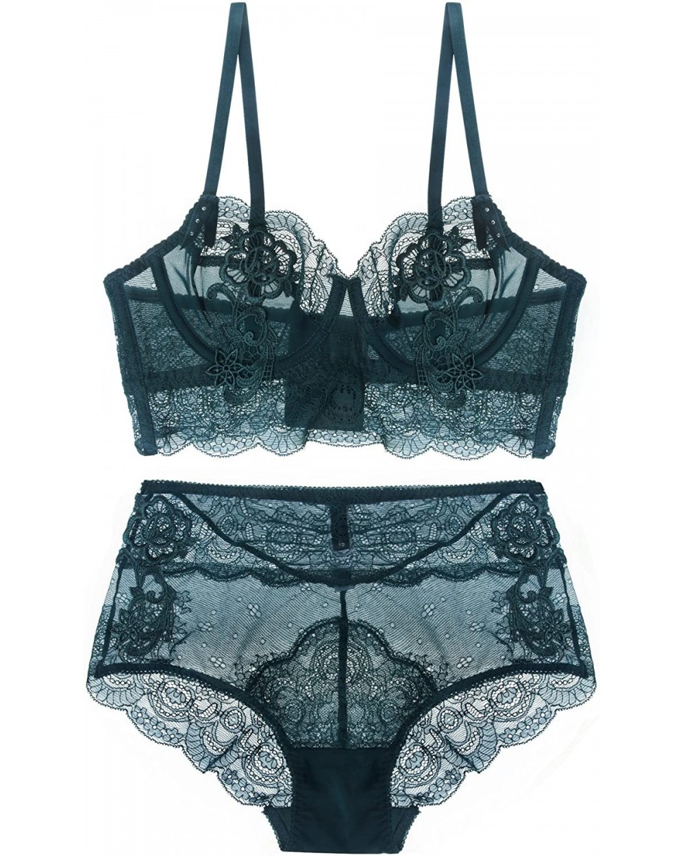 Womens Lingerie Matching Unlined Lace Bra and Panty Set High Waist - Dark Green - CL1885KEXZZ $35.62 Bras